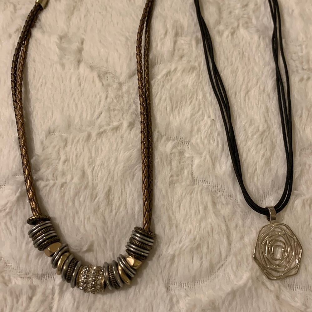 Necklace’s silver tone!!!1 with‎ brown cord .